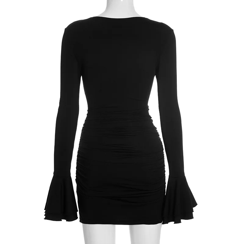 Frauen Casual Flare Langarm Rüschen Mini Kleid Outfits Bodycon Geraffte O Neck Sexy Party Club Herbst Winter Kleider Vestido