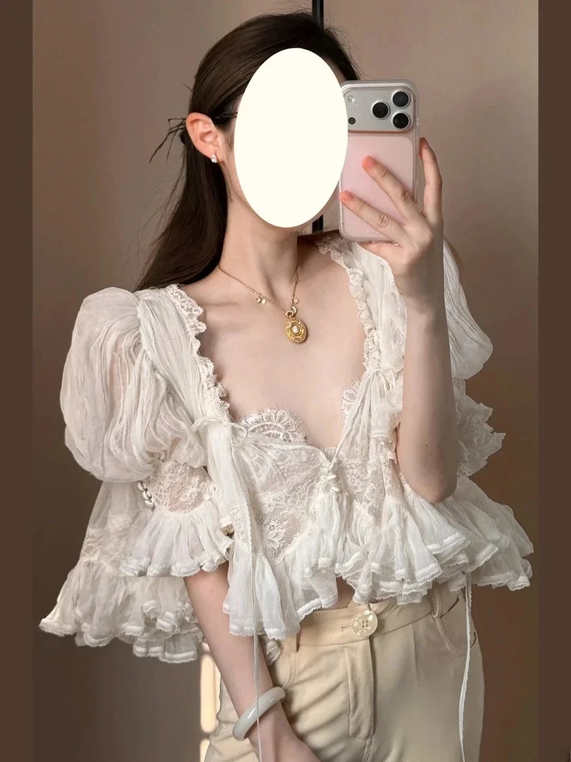 Cloud Delight 2026 Summer New Design Lace Splicing V-neck Open Cardigan Slimming Shorts Set Women's Fashion Two-piece Suit