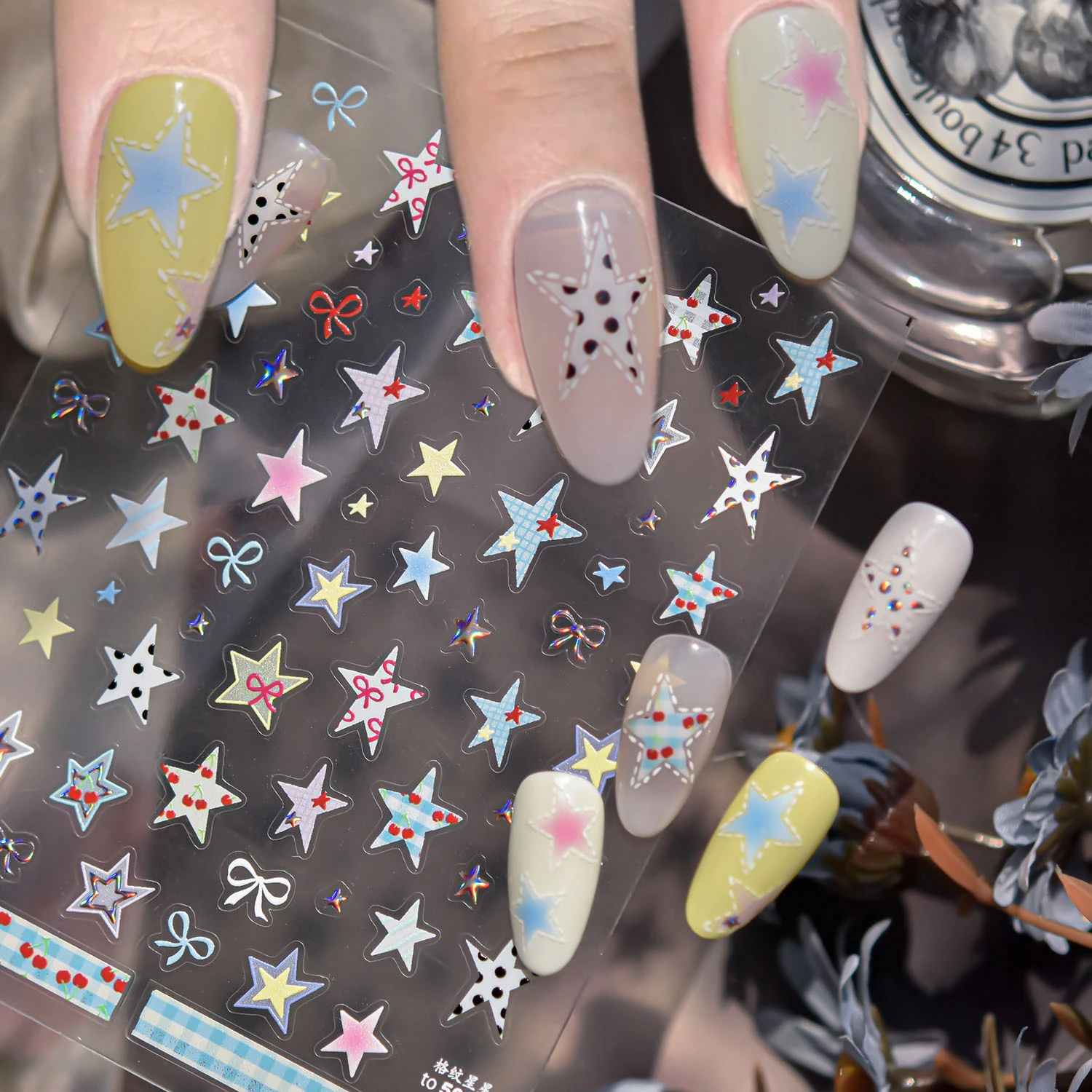 

1Pc 5D Metal Grid Patterned Star Bows Nail Stickers Colourful Relief Cute Pentagram Star Nail Decals 8*10cm DIY Star Nail Slider