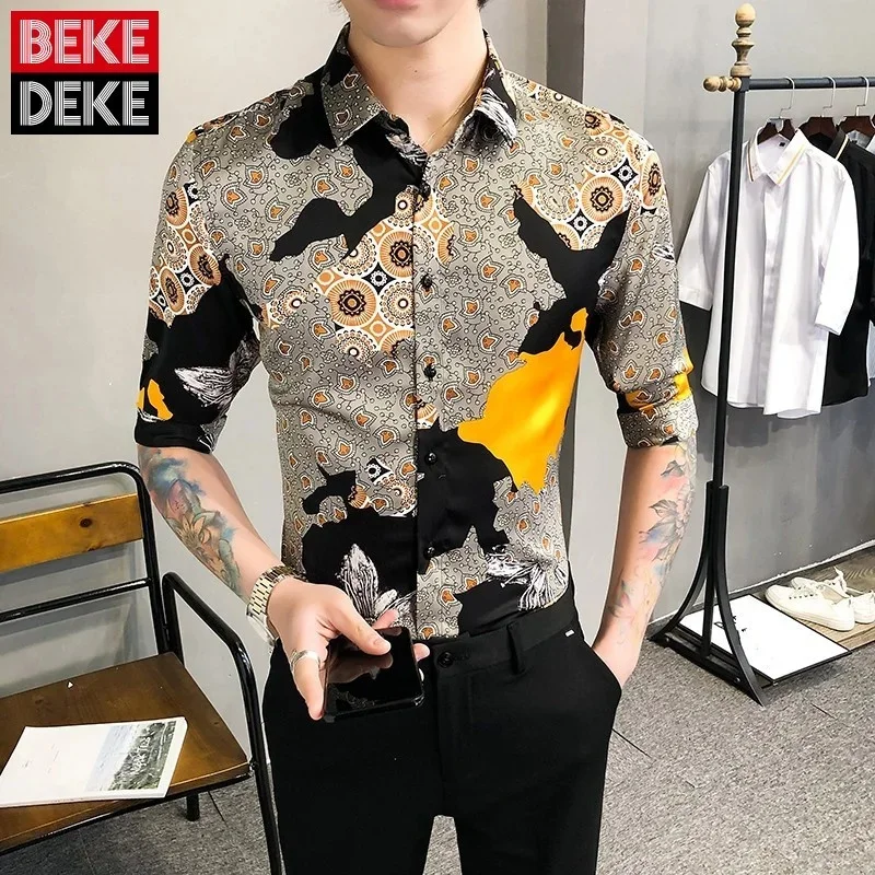 Shirt Print Mens Half Sleeve Korean Style Slim 2022 Summer New Turn-Down Collar Single Breasted Fashion Casual Blouse Male