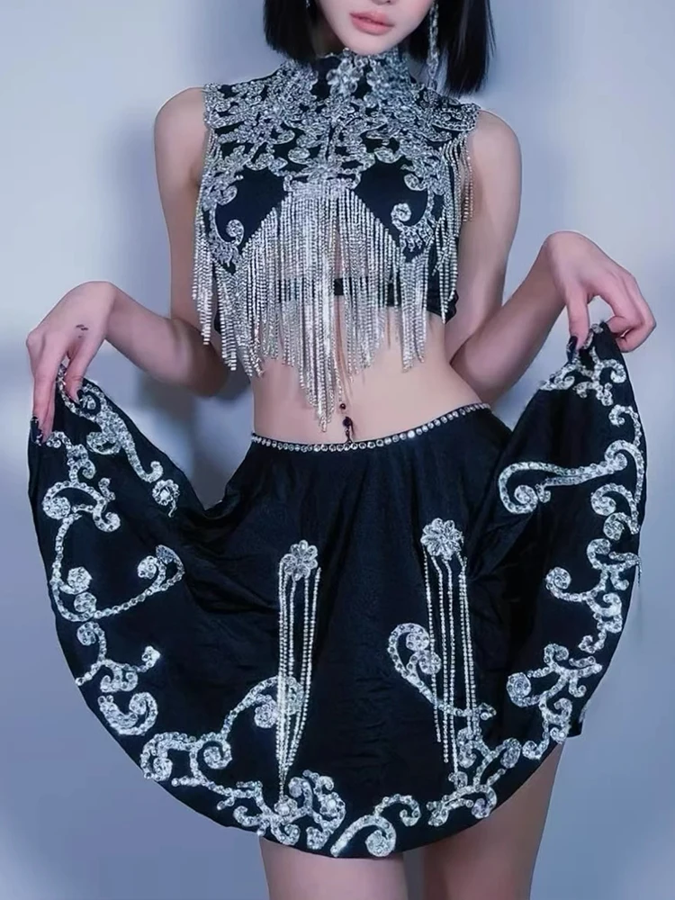 Hoge kwaliteit strass kwastje korte top + halve rok tweedelige set 2025, nieuwe mode aangepaste dameskleding