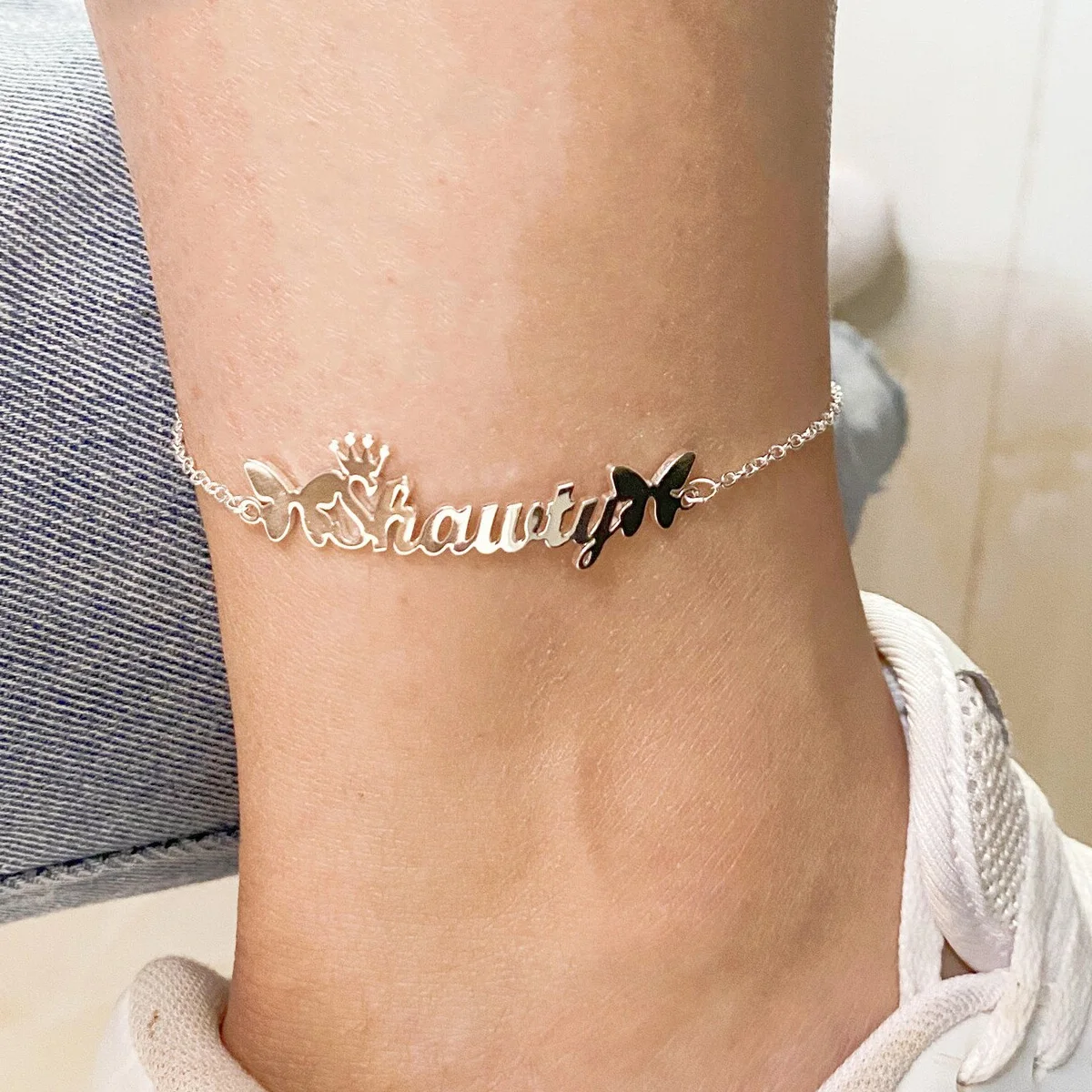 Custom Butterfly Crown Heart Name Anklet for Women Stainless Steel Personalized Crown Nameplate Ankle Jewelry Birthday Gifts