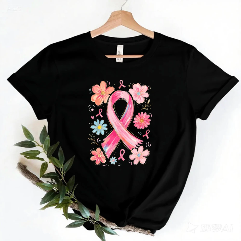 Breast Cancer Awareness Shirt Floral Pink Ribbon Tee Women Breast Cancer Warrior T-Shirt Breast Cancer Support Cotton T Shirt