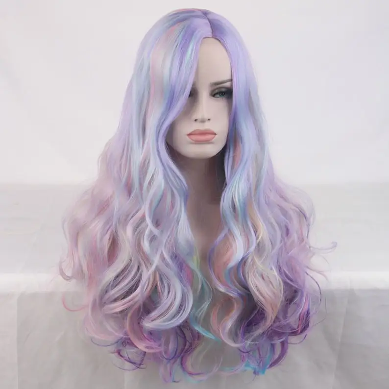 鮮やかなカールウィッグ、ロングヘア、パステルレインボーカラー、合成繊維、耐熱性シルク、センターパートスタイル