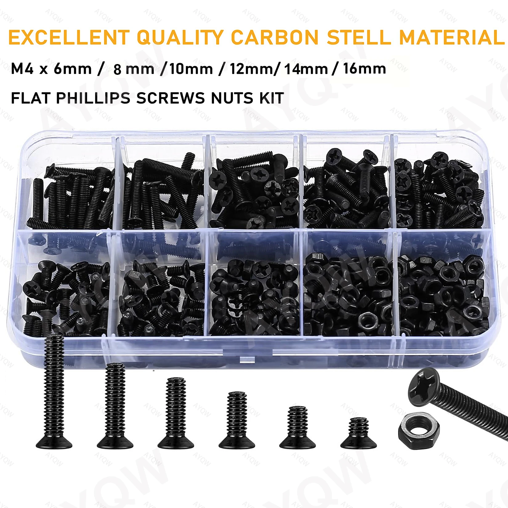 220pcs M4 Flat Head Screw & Hex Nut Kit (6 Sizes): Black Countersunk Phillips Bolts. For TV Stand/Computer Repair/DIY