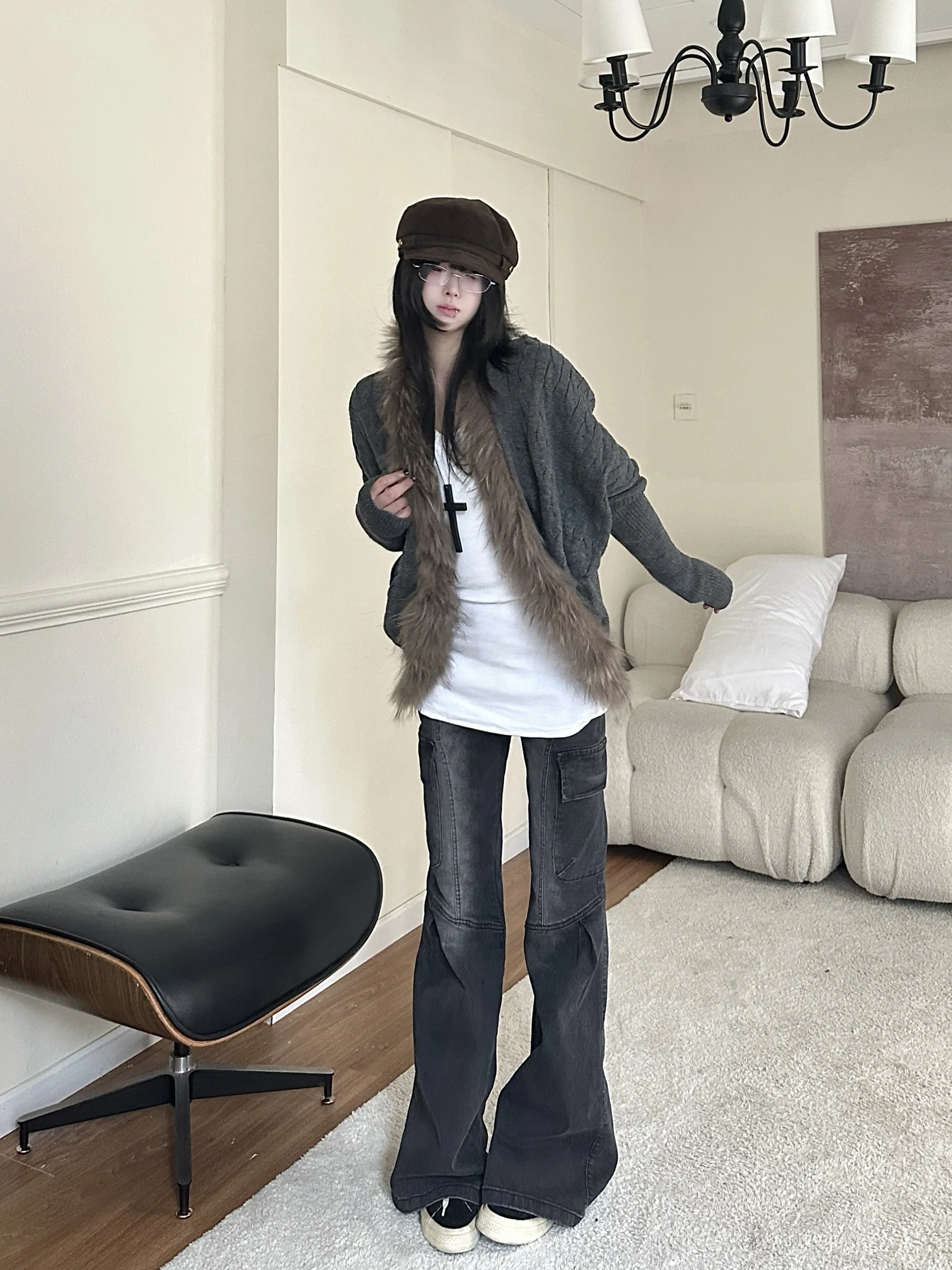 

Ladies' Lazy Sle Open Cardigan Sweater Loose Casual Versatile Autumn Winter Polyester Fiber Long Sve Hooded Knitted Top