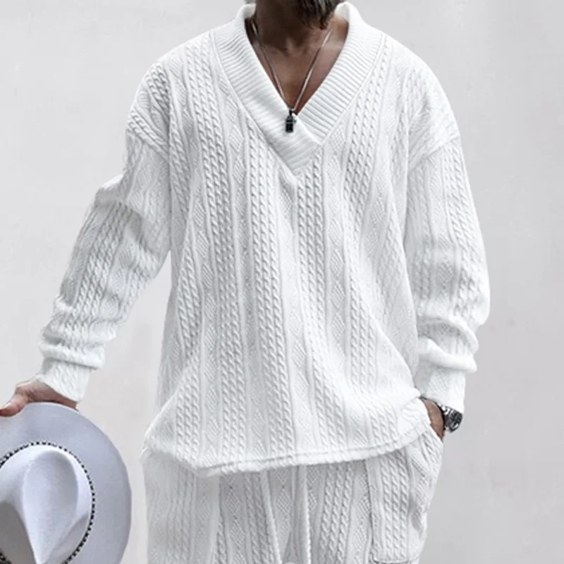 Men Cable‑Knit Sweater Set, V‑Neck Long Sleeve Knit Top And Drawstring Pants, Loose Casual Knitted Two‑Piece Outfit For Men Mult