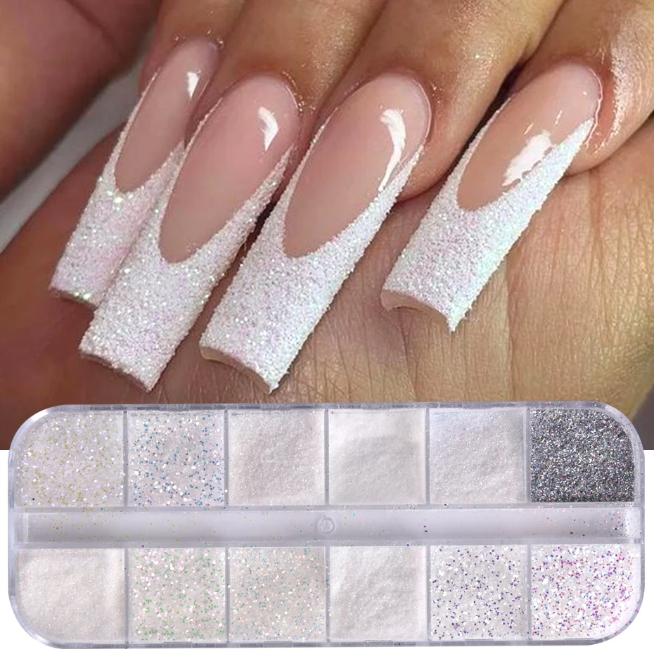 12 Grids Shiny White Sugar Nail Glitter Powder Fine Iridescent Flakes Pigment Dust Elegant Wedding Manicure Decorations DIY