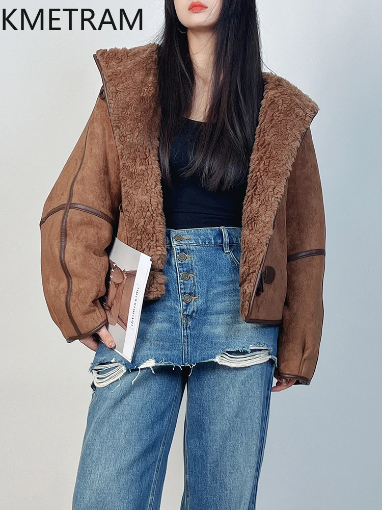 KMETRAM 100% Wool Coat Woman High Quality Reversible Shearing Jackets with Hood Winter Clothes Warm Furry Jacket 2025 пальто