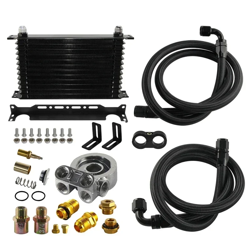 

Oil Cooler 13 Row Engine Trust w/ Thermostat 80 Deg / 170 F Oil Filter Adapter Kit Blue/ Black