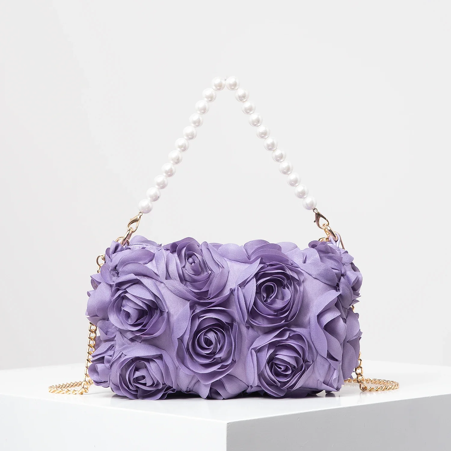 Elegante bolso de cena con flores rosas, bolso de perlas de imitación, bolso cruzado con cadena de metal, bolso de novia (patrón aleatorio)