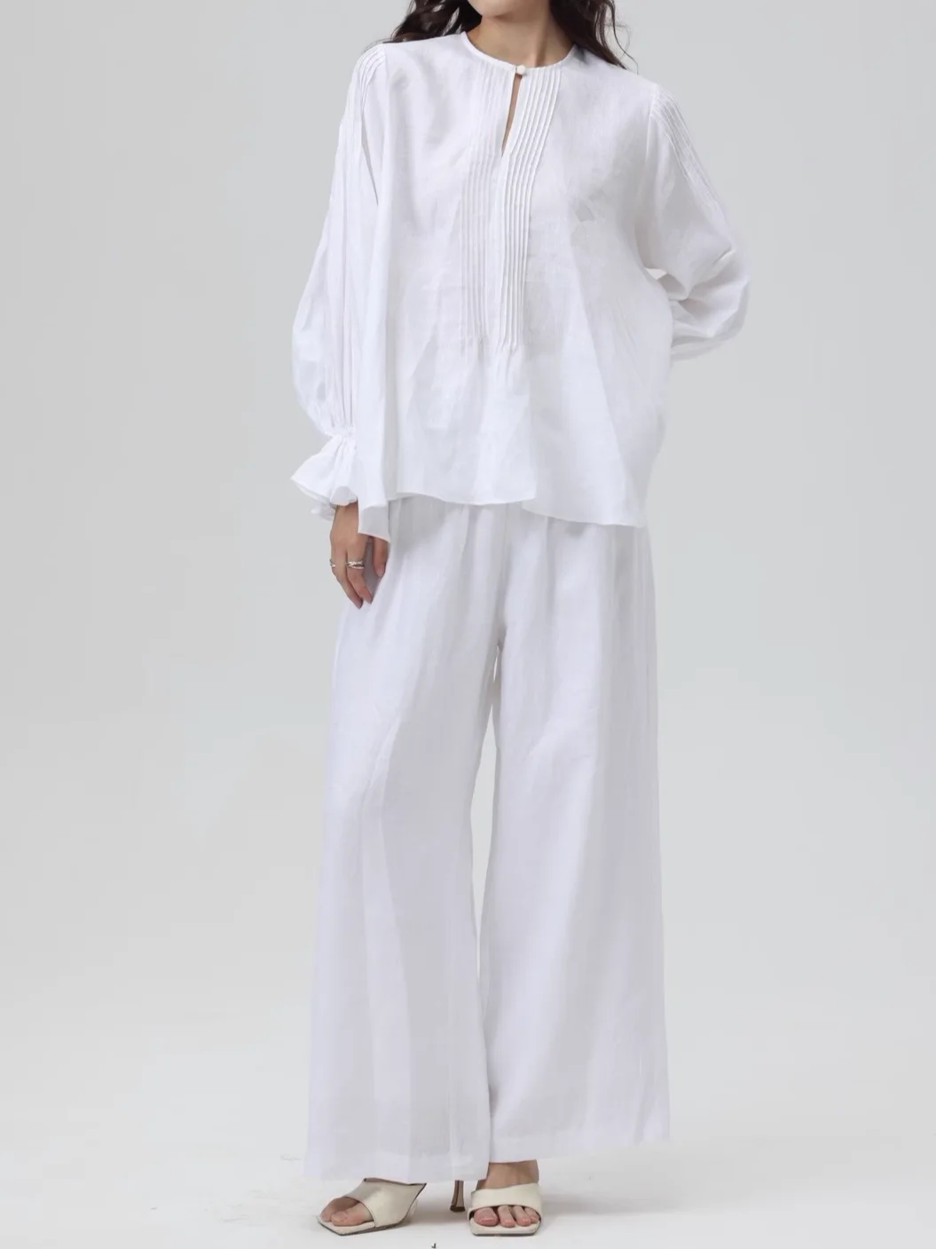 Women Pure Color Pants Suit Autumn Round Neck Flare Sleeve Blouse + High Waist Straight Wide Leg Pants Casual Female Set