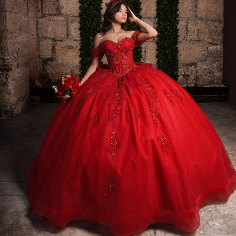 

Red Quinceanera Dress off-shoulder Glitter Flower Crystal Decal Long tail Bow vestidos de 15 Quinceanera ﻿Customize
