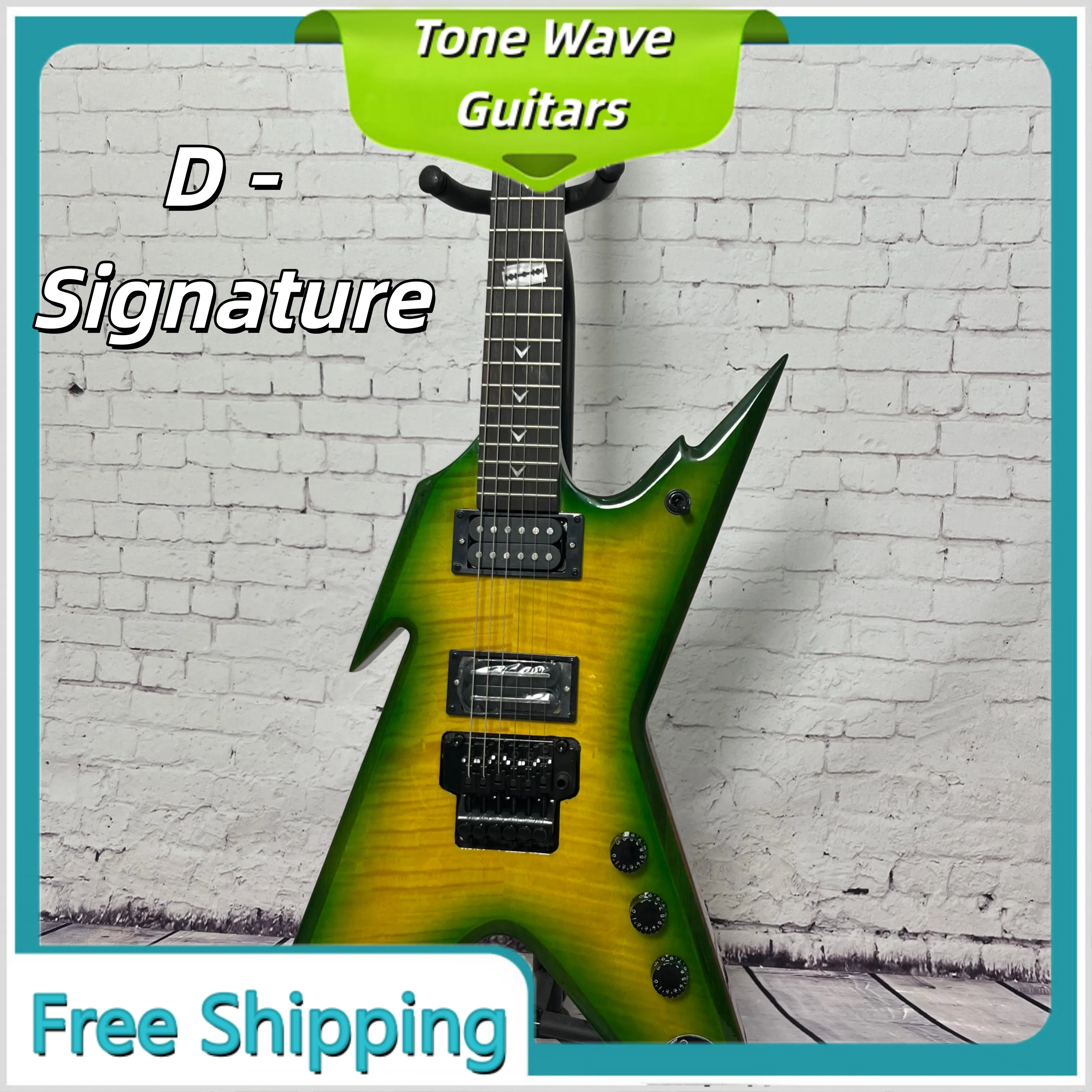 

Электрогитара ML-D-smlie D Signature Custom с тигровым узором, кленовым грифом V-образной формы, цветом Slime и двойным звукоснимателем Big Double Shake