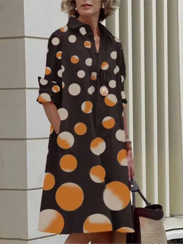 Fashion Print Shirt Dress Lady Casual Long Sleeve Button Loose Dresses For Women Boho Holiday Skirt Womens Clothing Summer New