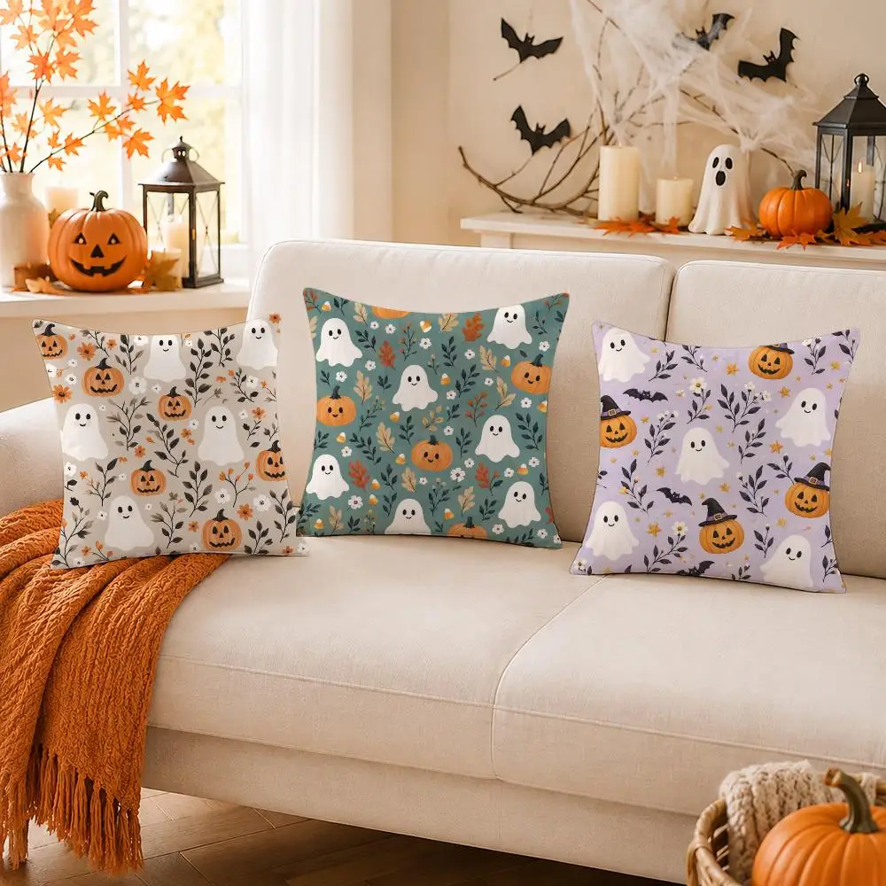 Floral Ghost Halloween Seamless Patterns Cushion Cover Skin-Soft Pillow Cover Festive Home Accent Great Gift for Sofa Bed