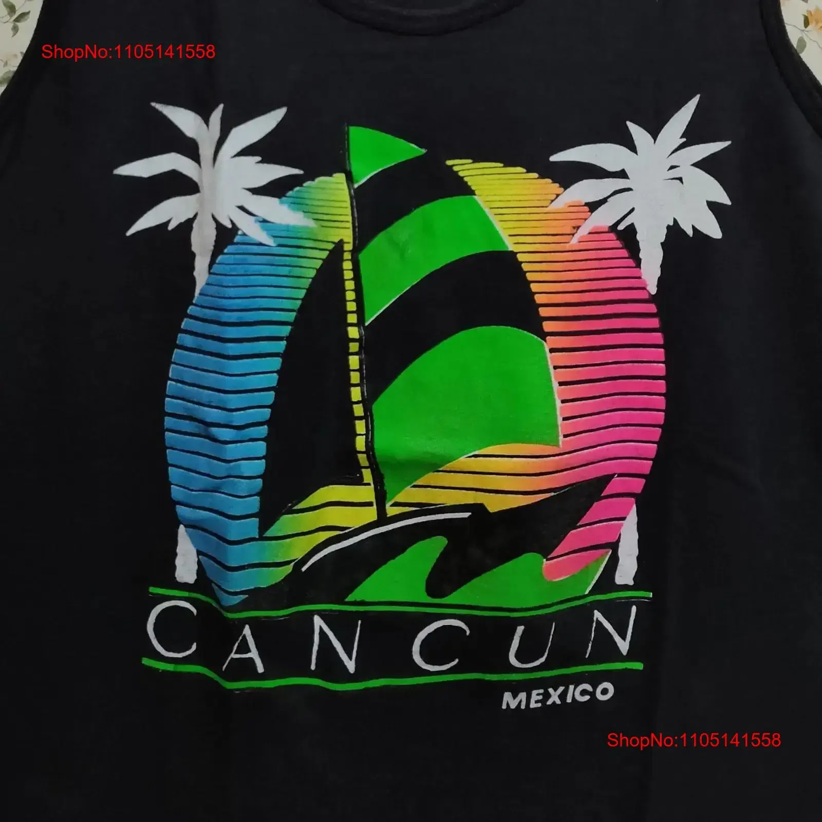 

Винтажная футболка 80-х годов Cancun Mexico, парусная лодка, пальма, кокосовые пальмы, черная майка, винтажная стираная дышащая удобная мужская футболка