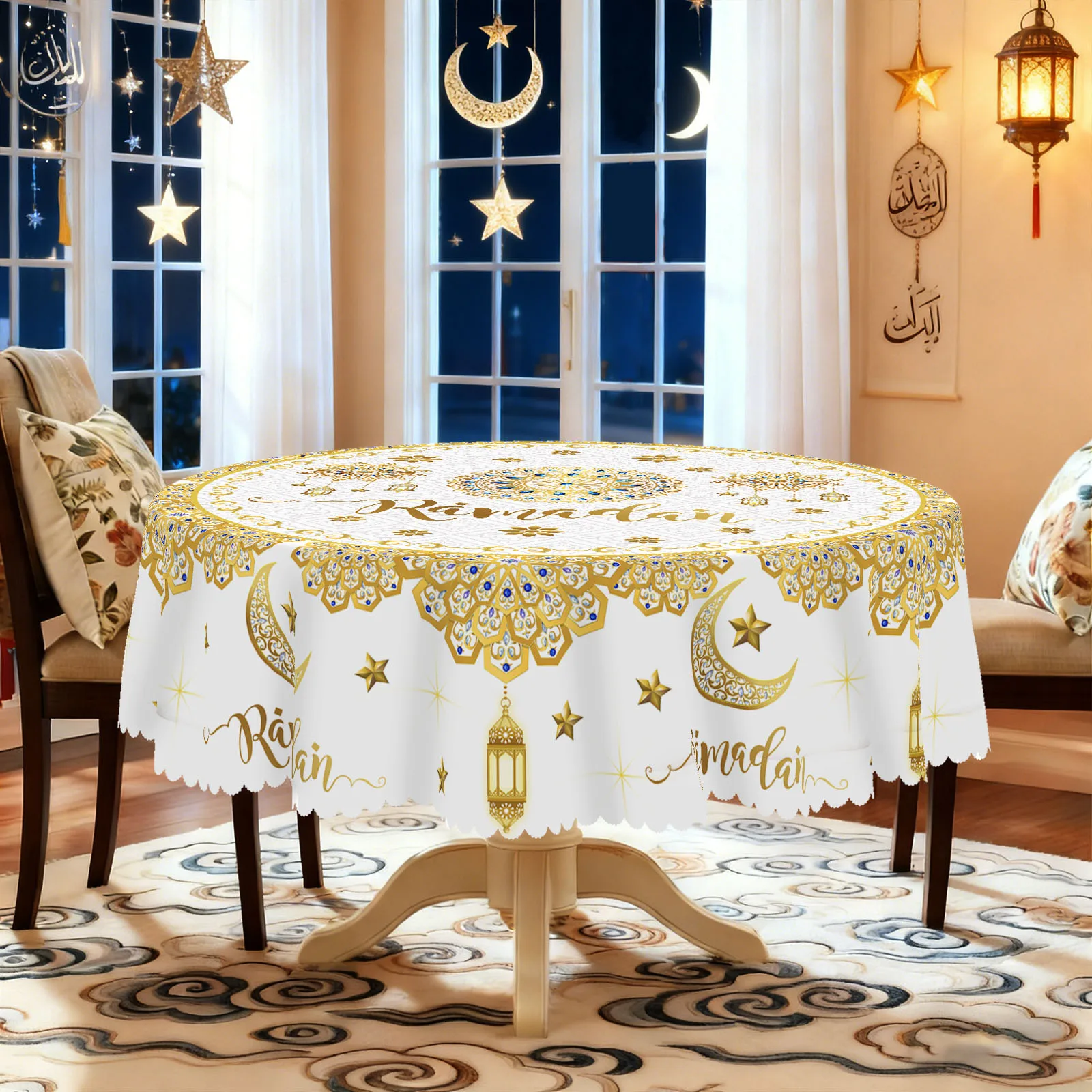 

1 Piece of Muslim Ramadan Round Tablecloth, Available in Various Sizes, Featuring a Core of Gold-Plated Crescent Moon and Star Embellishments, Paired with Arabic Lantern Outlines and Intricate Rose Patterns Interwoven, with Gold Lines Outlining the Patter