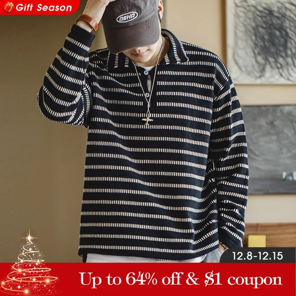 Maden Knitted Striped Polo Sweater Blended Knit Lapel Pullover Men's Casual Color Collision Jumper Black American Workwear Tops