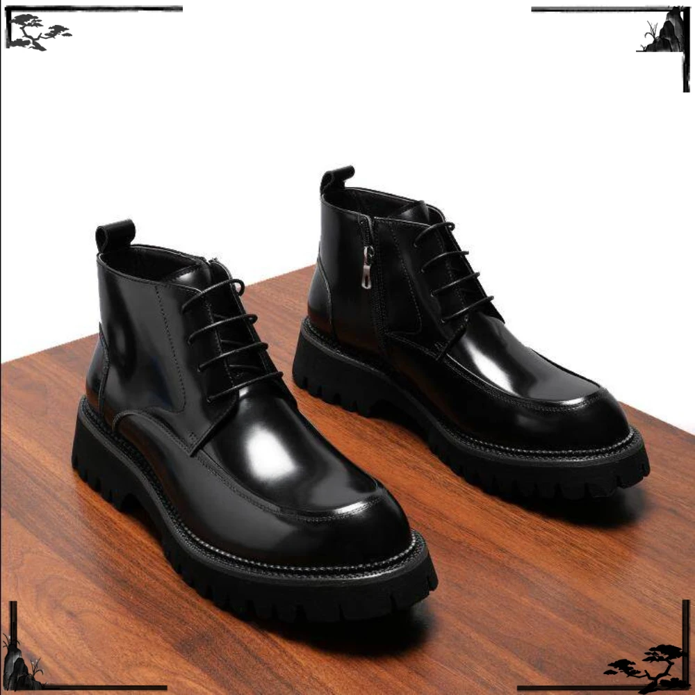 New Summer Mens Genuine Leather Glossy Boots Thick Sole Mid Top Fashion Work Boots Casual Leather Boots for Men