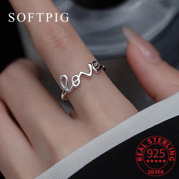 

SOFTPIG Real 925 Sterling Silver Letter LOVE Adjustable Ring For Charming Women Cute Geometry Fine Jewelry Minimalist Bijoux