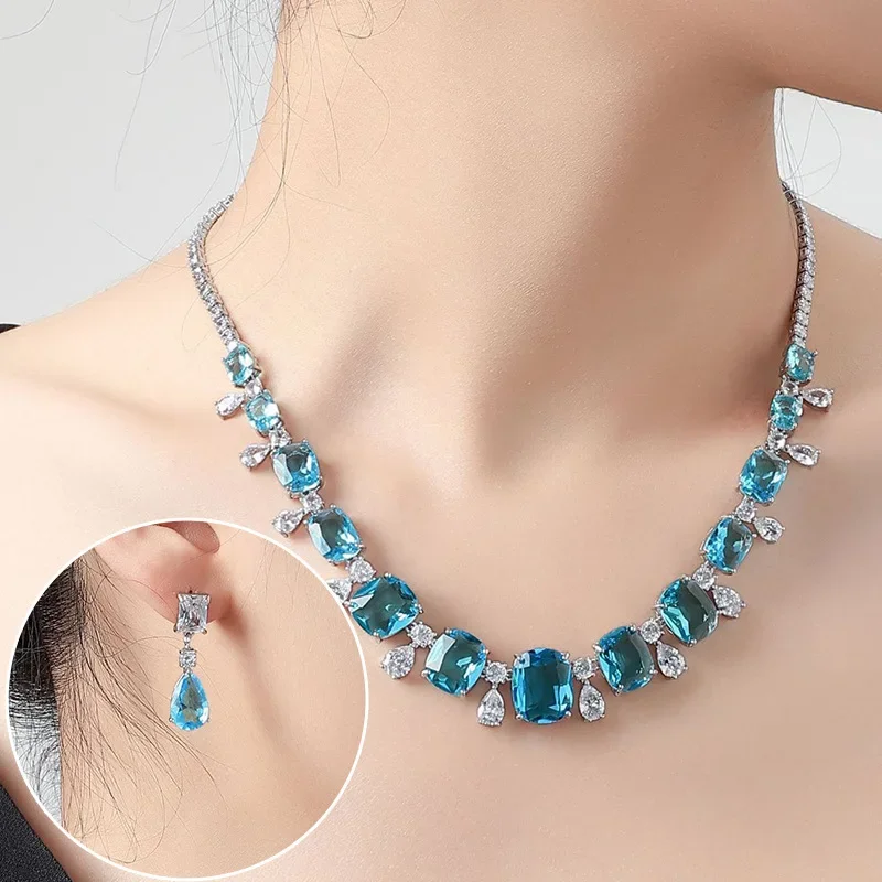 European and American Bridal Jewelry Zircon Luxury Earrings Necklace Two-piece Set Clavicle Chain Set Ornaments