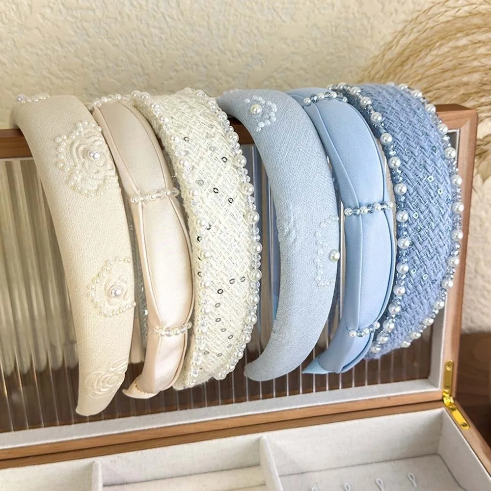

Sweet Pearls Cloth Hair Hoop Rose Print Wide Side Beads Crystal Headband French Style Headpiece Beige Blue Hair Band Outdoor