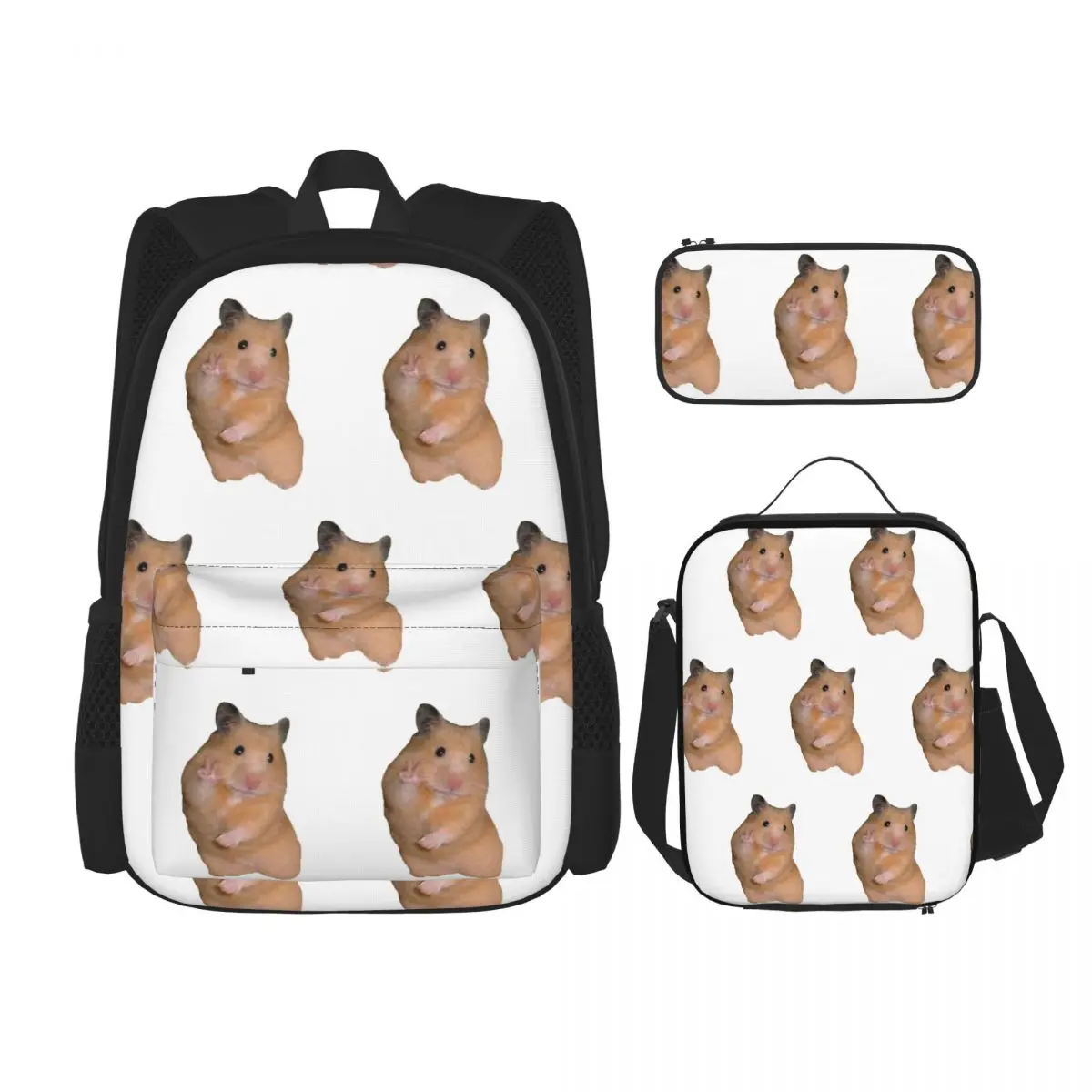 Peace Sign Hamster Backpacks Boys Girls Bookbag School Bags Rucksack Lunch Bag Pen Bag Three-Piece Set