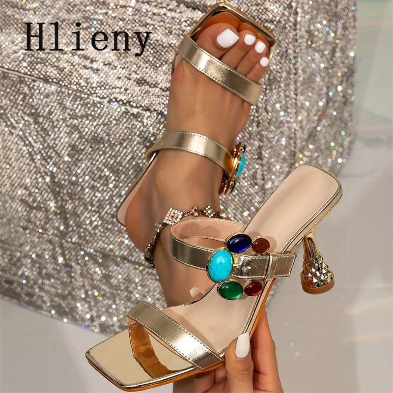 

Hlieny/летние модные женские тапочки с квадратным носком, сандалии-гладиаторы на высоком каблуке, женские элегантные шлепанцы, Zapatos Mujer