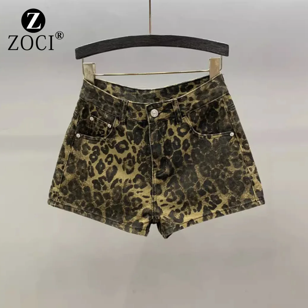 

[zoci] Leopard Print Denim Shorts 2024 Summer New Style, Loose Slimming, Girl A-line Wide Leg Hot Pants