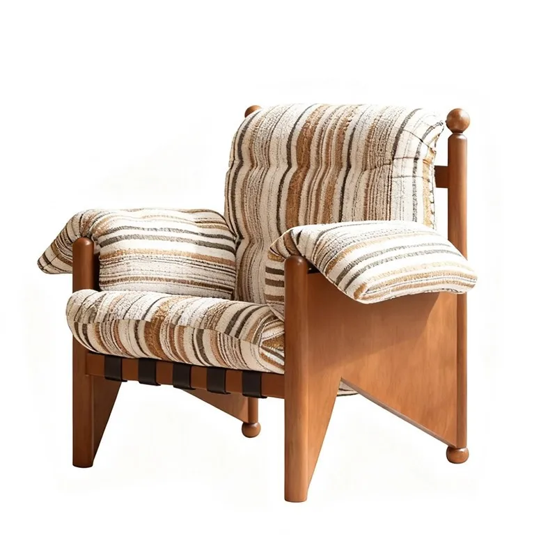 Medieval solid wood single sofa chair striped fabric designer leisure chair living room bedroom balcony bed and breakfast rest 4