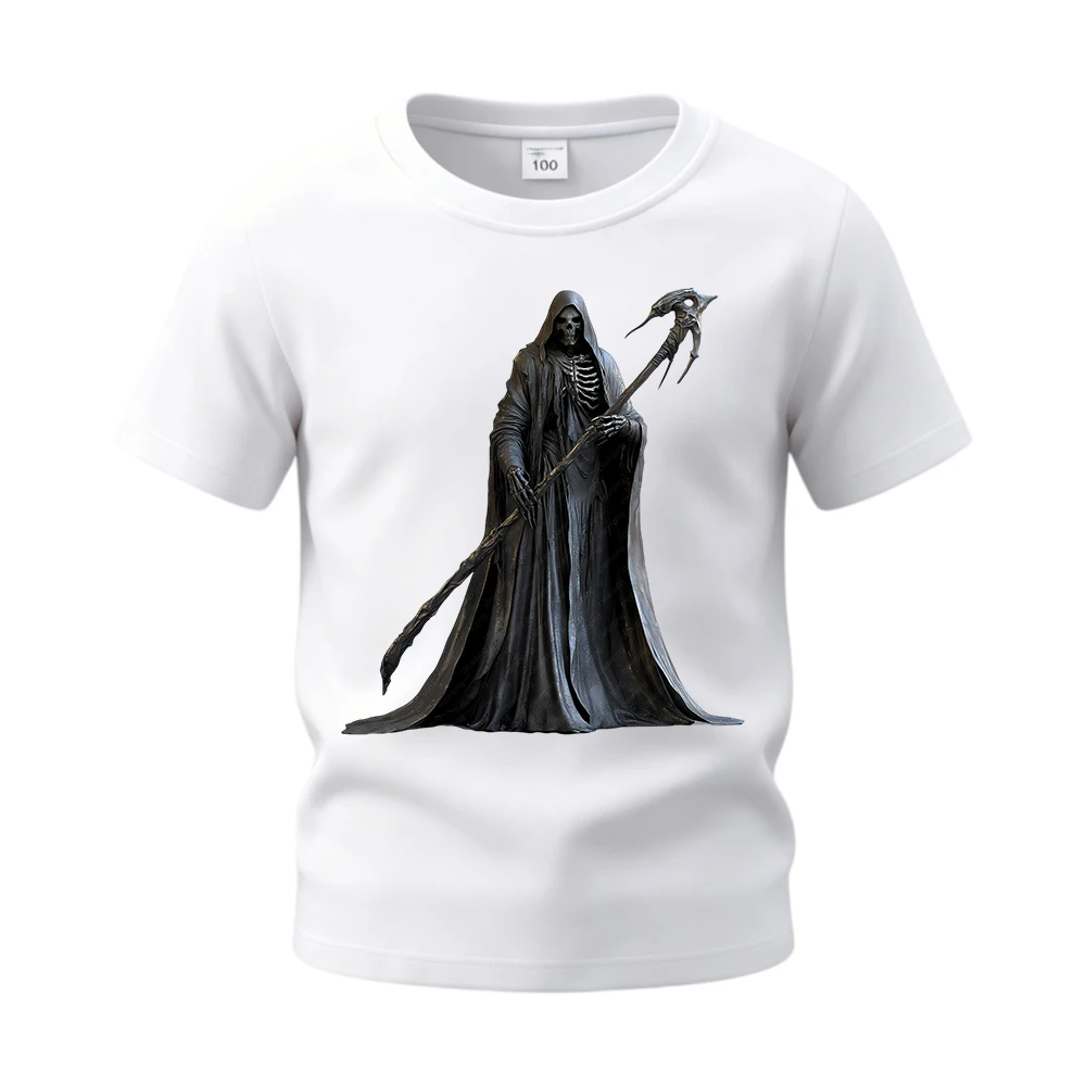 Grim Reaper Holding A Scythe Children Cotton Tops Tees Short Sleeve Basic Daily T‑Shirt Halloween Shirts for Boys Girls Kids