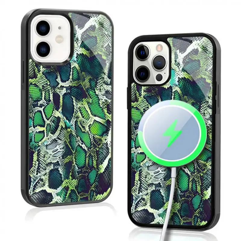 Groen Slangenpatroon Telefoonhoesje Voor Iphone 11 12 13 14 15 Plus Pro Max Spiegel Acryl Hoes Voor Magsafe Draadloos Opladen