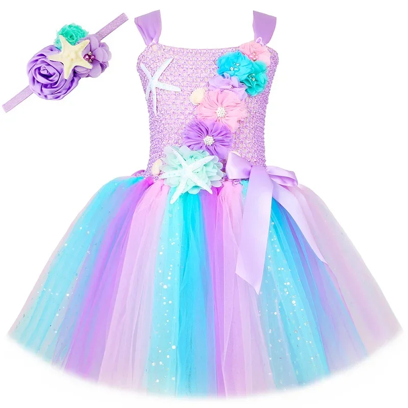Prinses Zeemeermin Jurk voor Meisjes Pastel Bloemen Verjaardagsfeestje Tutu Jurken Halloween Kleine Zeemeermin Kostuum voor Kinderkleding