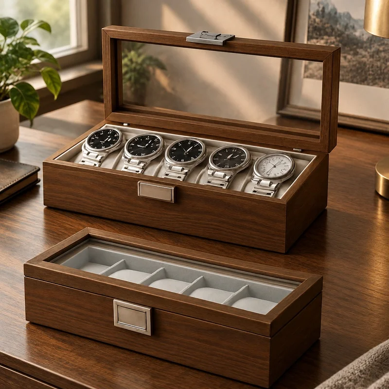Black Walnut Wood Watch Organizer Box with Six Slots for Display and Storage