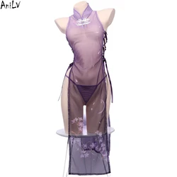 AniLV Anime Sakura Cheongsam Unform Cosplay Women Mesh Transparent Flower Dress Purple Qipao Temperament Lingerie Erotic Costume