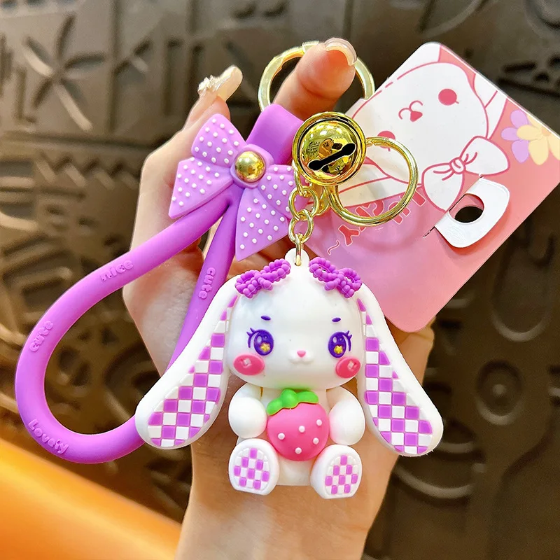 Cute Flowers Plaid Clothes Sitting Position Rabbit Doll Key Chain Cartoon Carrot Lanyard Bow Hair Clip Strawberry Bunny Keychain