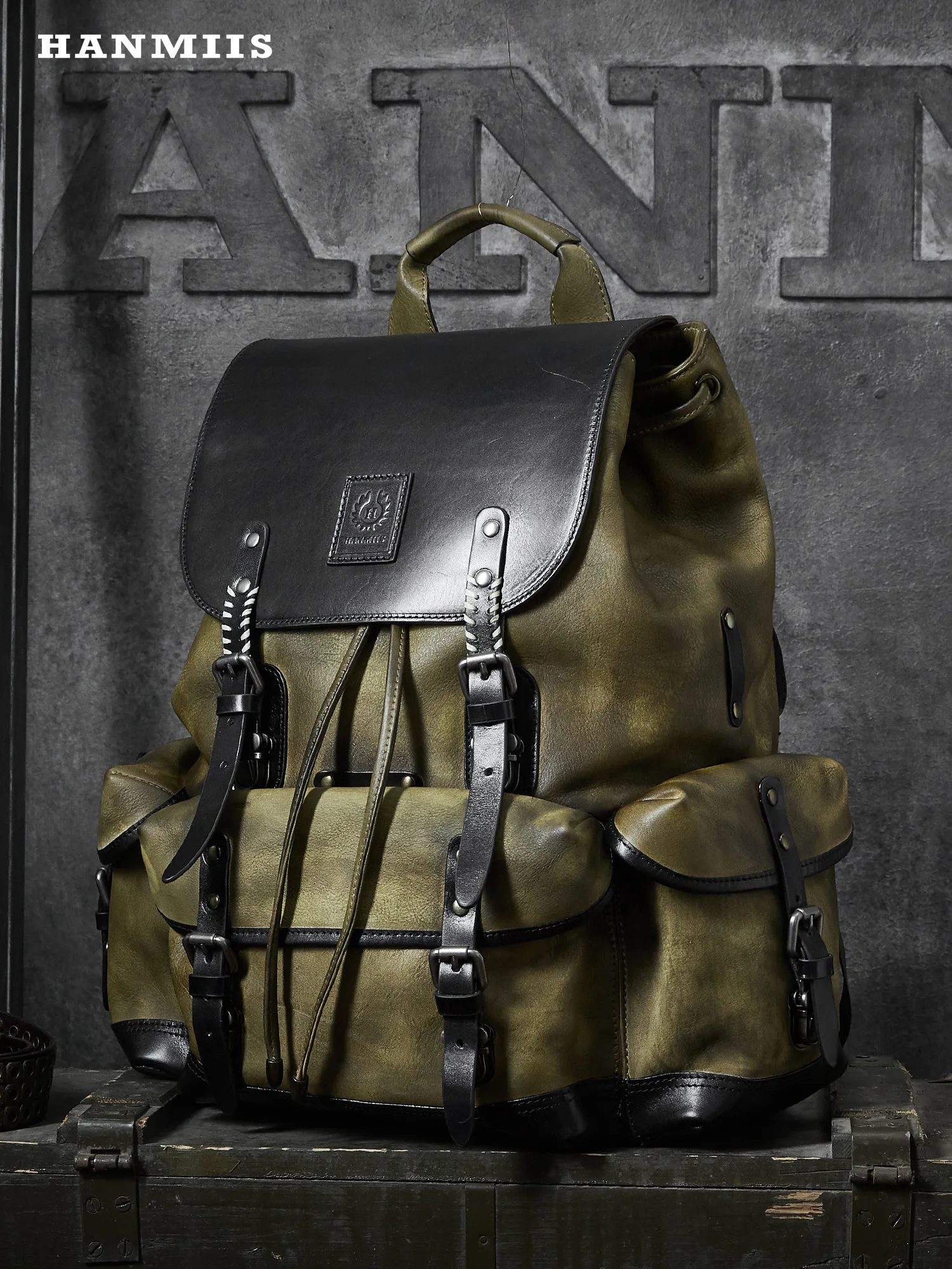 HANMIIS Pepper‑Salt Full‑Grain Leather Large‑Capacity Backpack, Genuine Leather Travel Duffel Bag for Men, Outdoor Rucksack