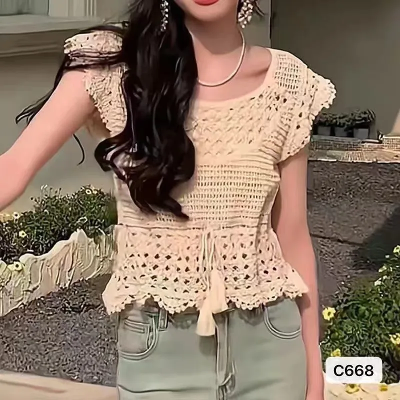 Designer Niche Sweet Lace Crochet Hollow Out shirt Women Chic Blouse Tops