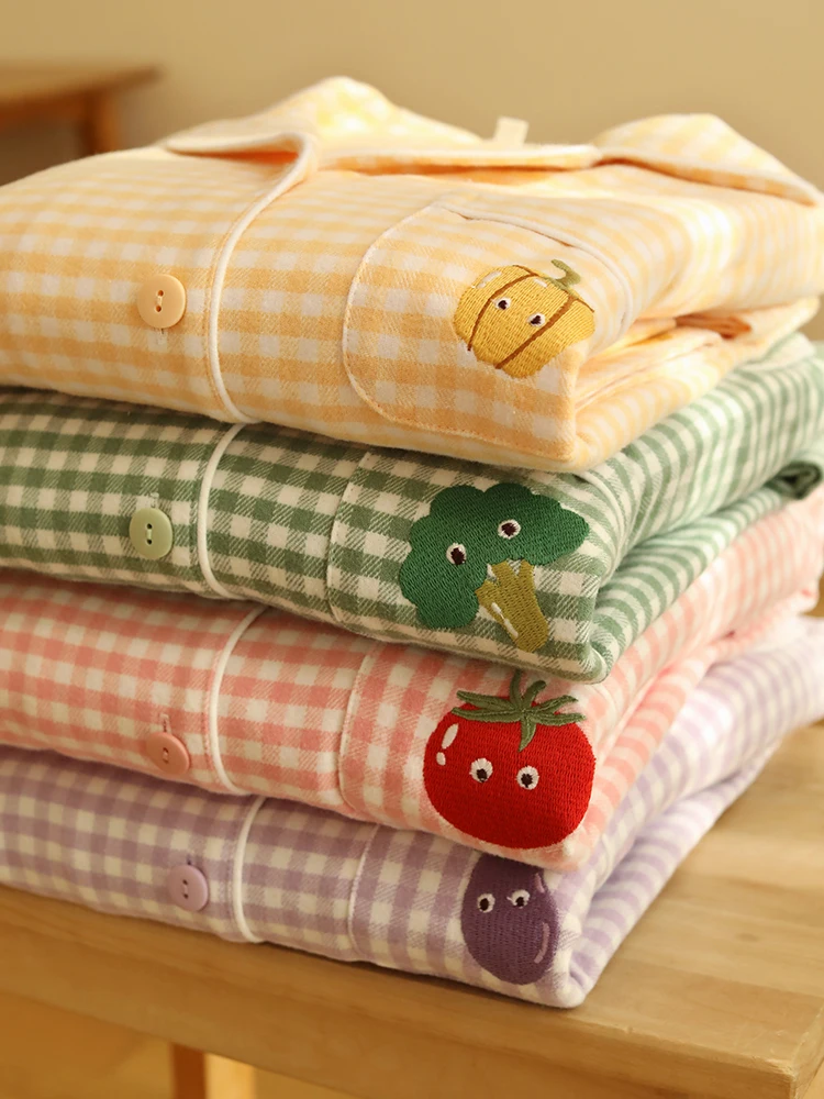 

Autumn and winter pure cotton velvet women's sleepwear, simple plaid sweet embroidery plus plus size casual outdoor home wear