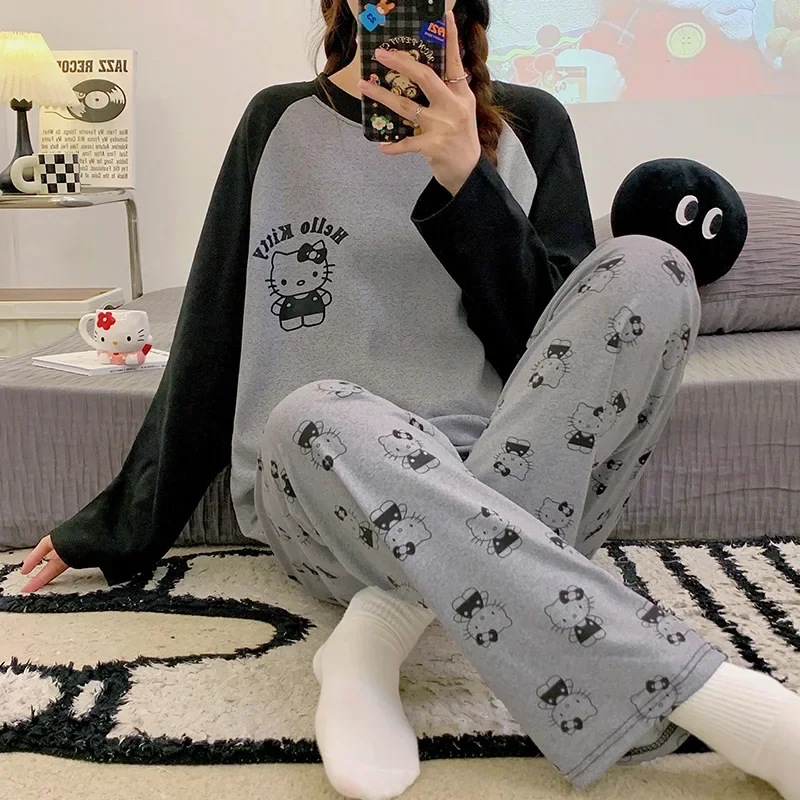 Anime Sanrio Hollo Kitty Cartoon Printed Long Sleeve Pants Set Loose Casual Women Homewear Pajamas T-shirt Pants Two-piece Suit