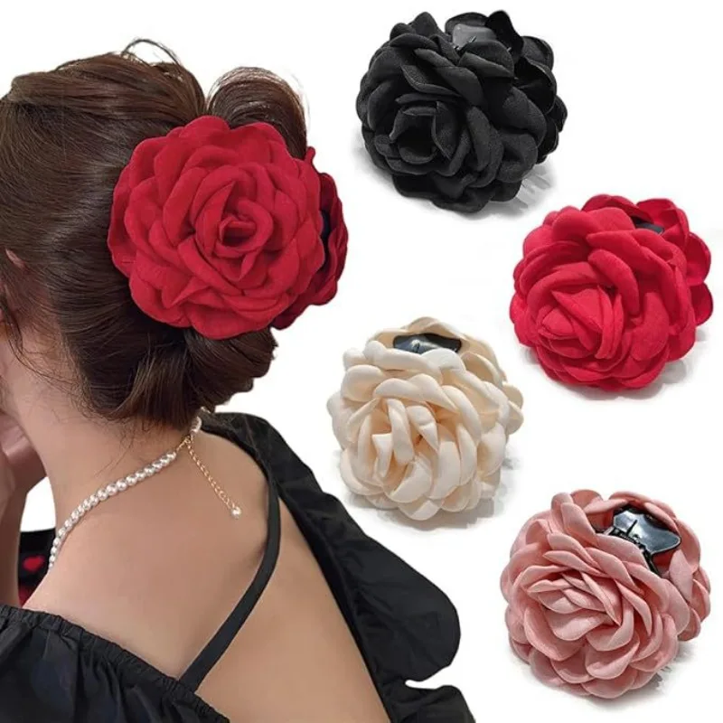 

French Fabric Rose Flower Hair Claw Clips For Women Girls Hair Clip Barrette Hairpins Clamps Headwear Hair Accessories Gift