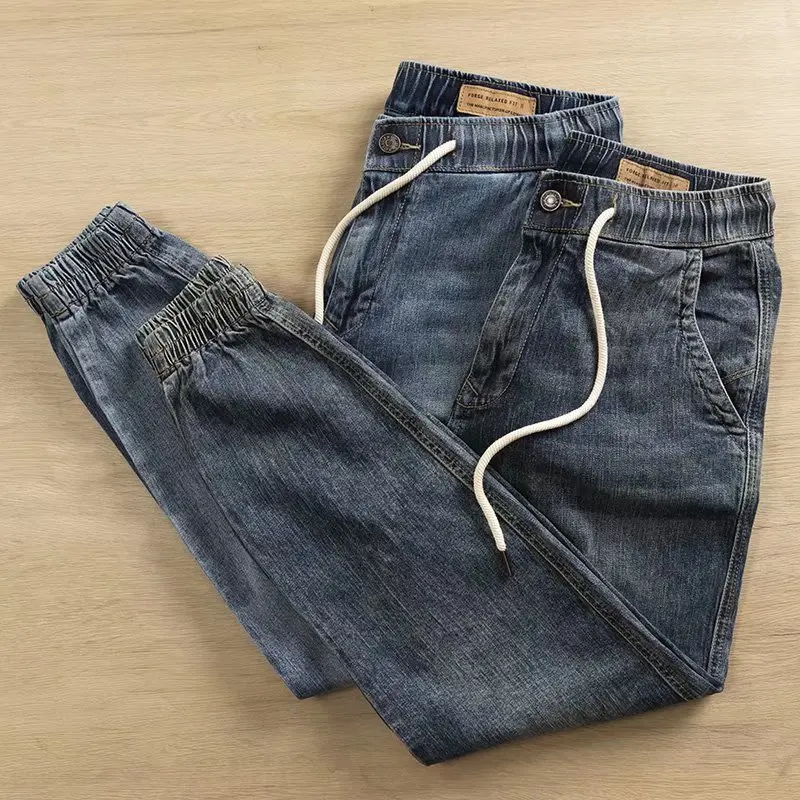 Trendy Casual Men's Jeans Elastic Waist Dirt Resistant Wear Resistant Long Pants Harlan Style Water Washed Denim Autumn Fashion