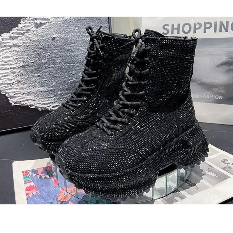 

2026 New Ladies Full Rhinestone Lace-up 7cm Thick Soled Casual Shoes High Quality Ladies High-top Motorcycle Boots Women's Shoes