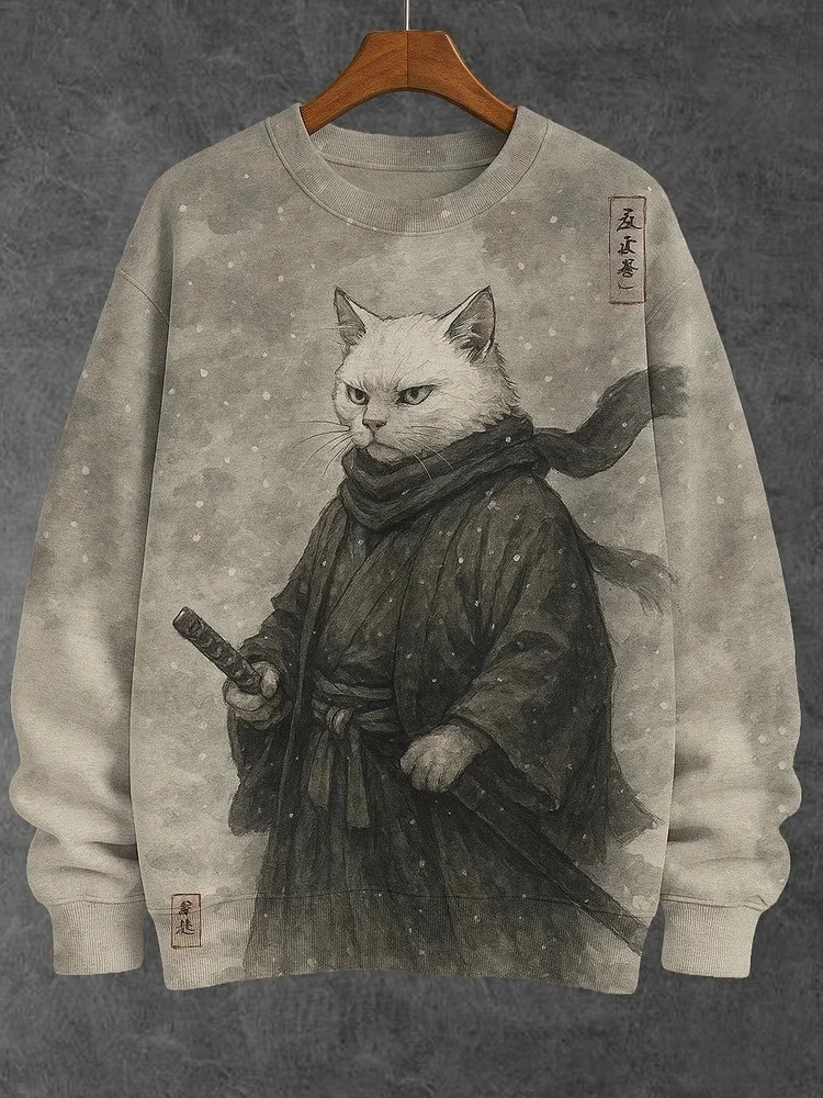 

Men's Long Sleeve Sweatshirt Casual Snowflakes Cat Samurai Art Print Fashion O-neck Pullovers 2025 Autumn Oversized Thin Tunics