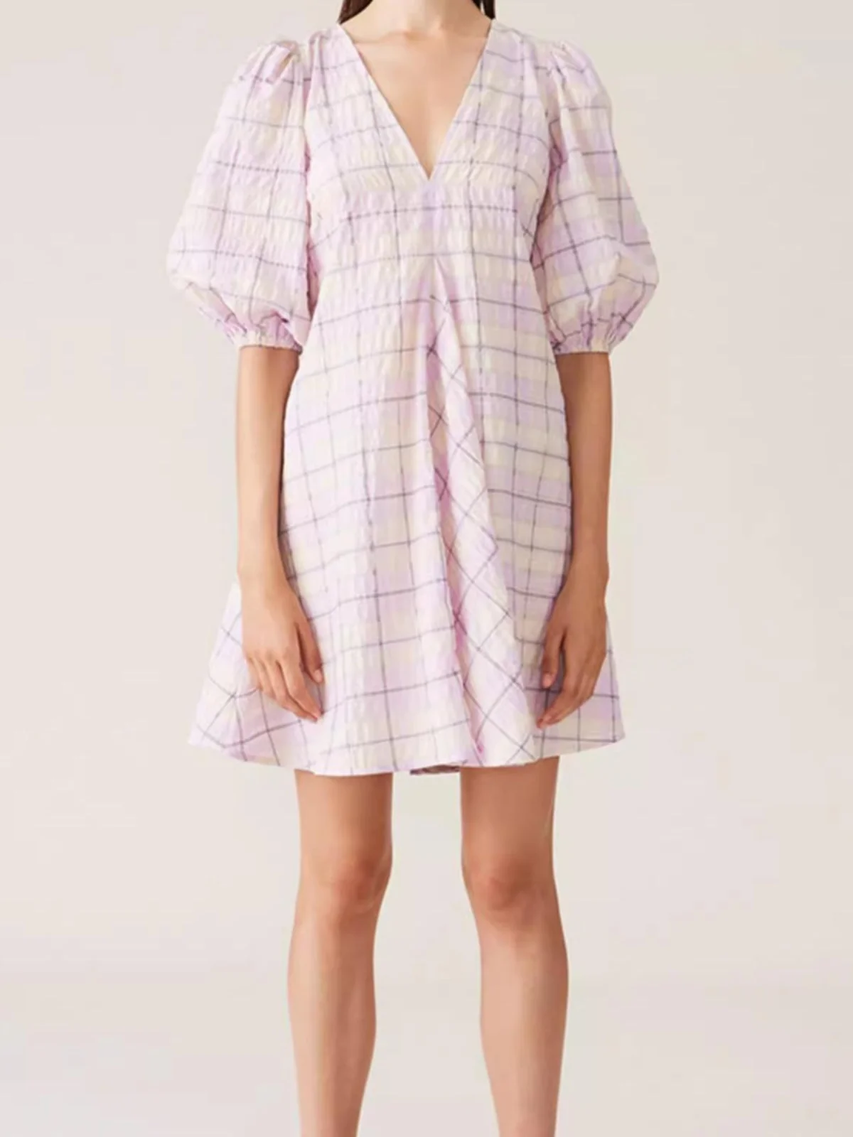 

Скандинавский дизайн Slim Fit Ladylike Plaid Dr Versatile Commute Sle Cotton Blend ort Sve round Ne H Version Dr