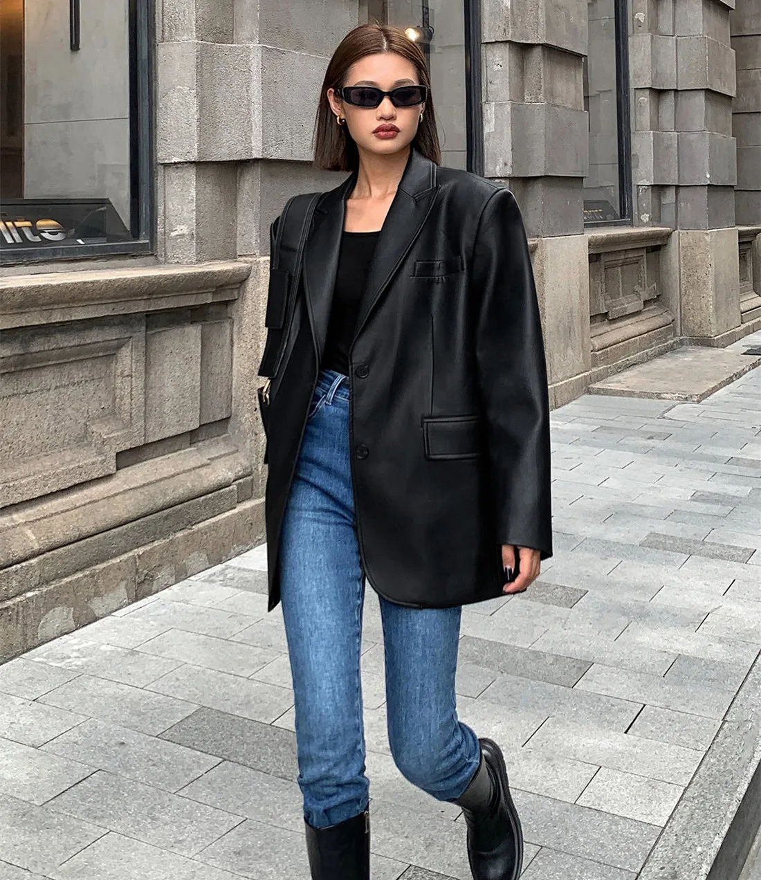 Vintage Black High Quality Leather Loose Blazer Biker Coat Women Casual Long Sleeve Flap Pocket Suit Jacket Oversized Streetwear