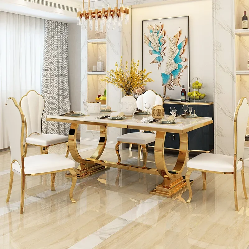 Modern Light Luxury Marble Dining Table and Chair Set for Italian Rectangular Dining Table Simple Household Stainless Steel