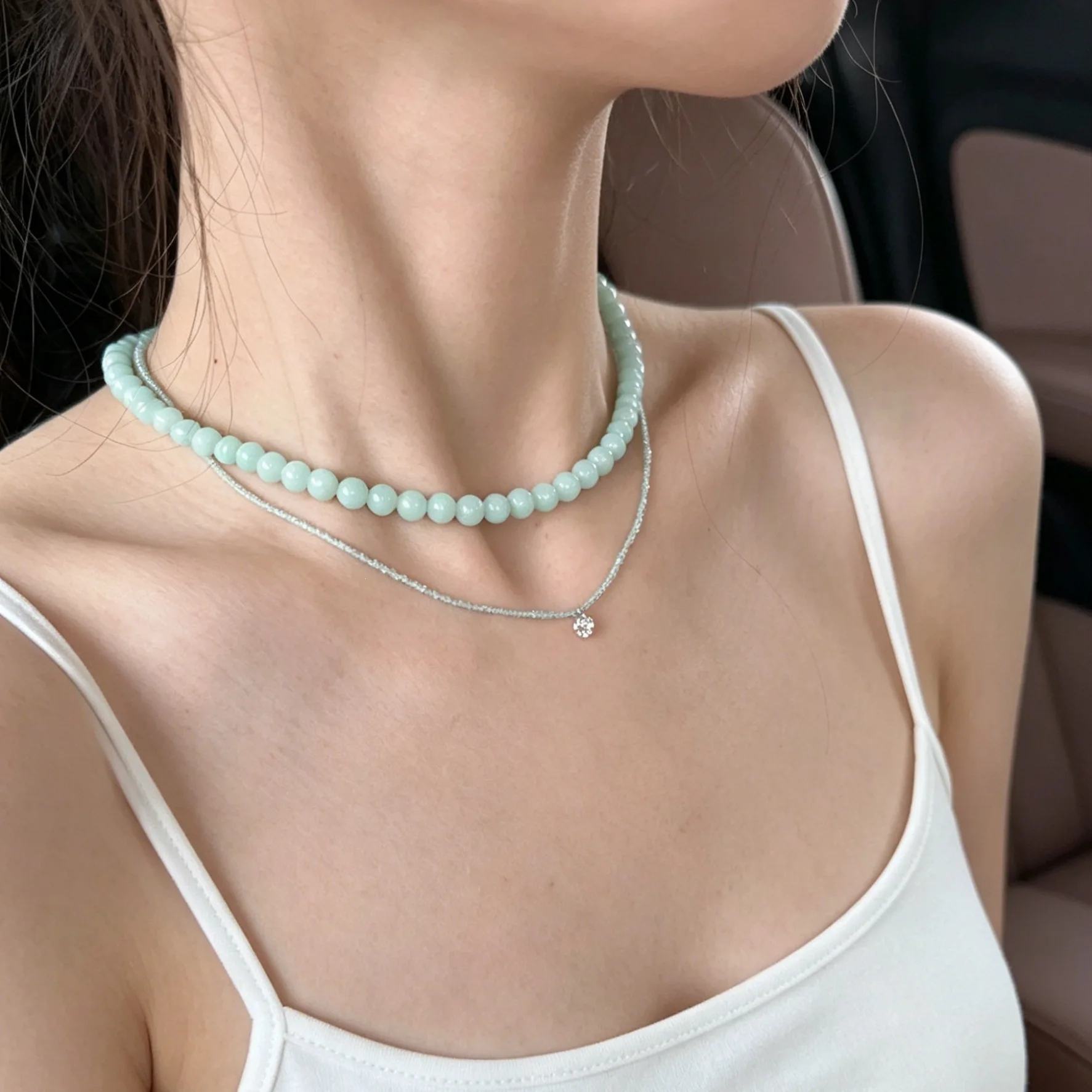 Choker Necklace Green Beaded Double Layered Zircon Sophisticated Summer Fresh Versatile Premium Elegant Women Casual Gift