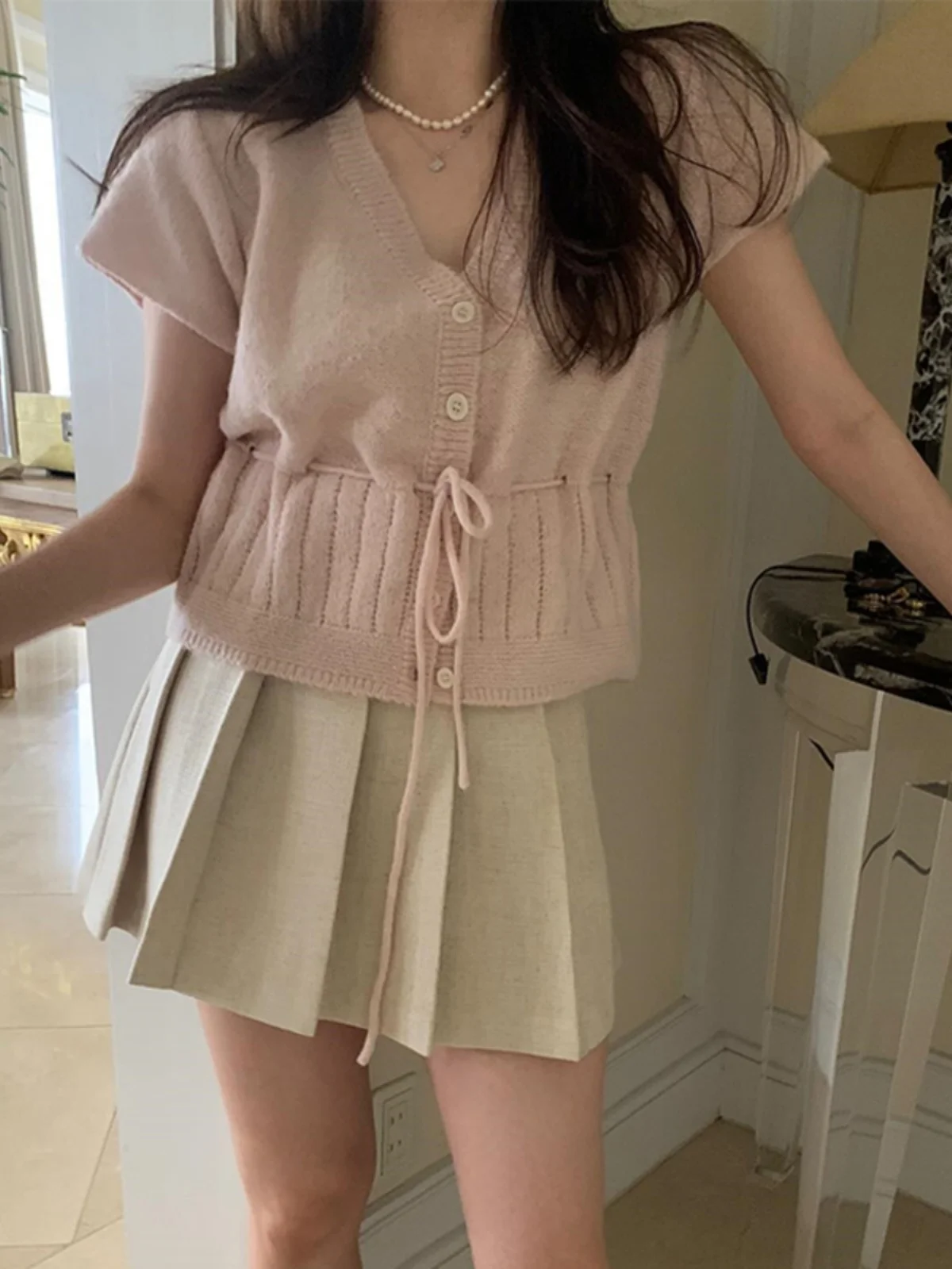 

Summer New White Lotus Pink Knitted ort Sve Women's Top V-Ne Design Waist-Cinching Belted ort Length Open Cardigan